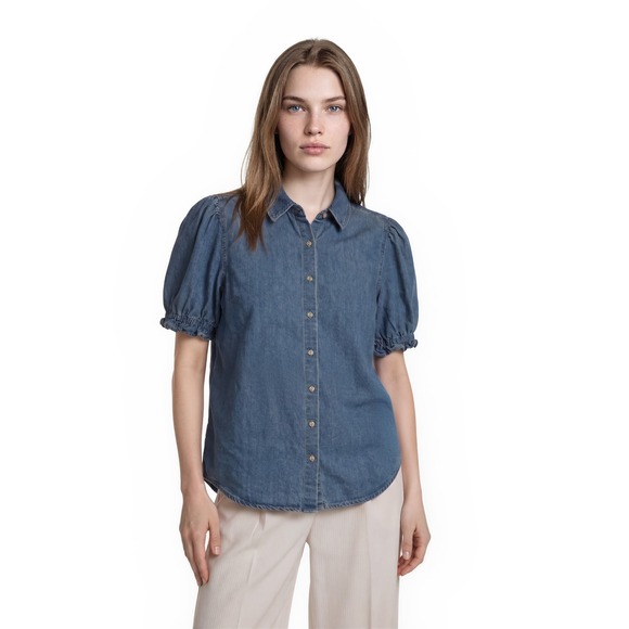 Dear John Tops - Dear John Denim Jean Puff Sleeve Pearl Button Top Womens Size Small 100% Cotton